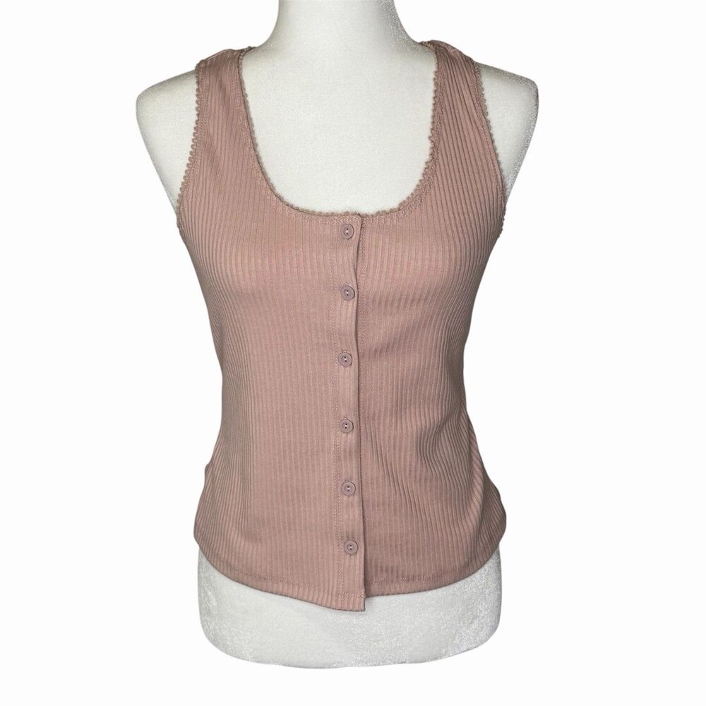 Emerson Lang Ribbed Button-Down Tank Top In Pink Mauve Size Medium